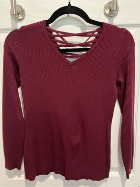 V-Neck Ribbed Sweater with Crisscross Back Detail in Wine